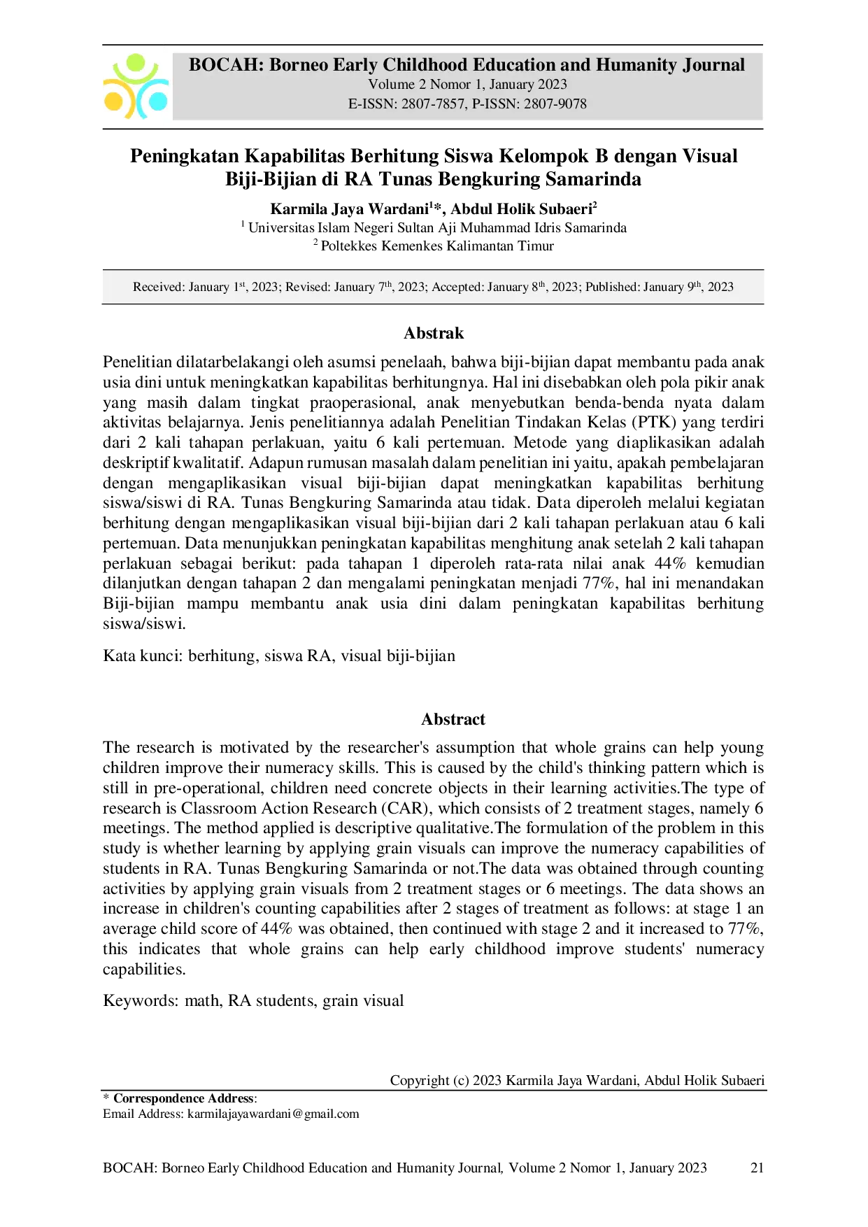 JURIS Peningkatan Kapabilitas Berhitung Siswa Kelompok B dengan Visual Biji Bijian di RA Tunas Bengkuring Samarinda