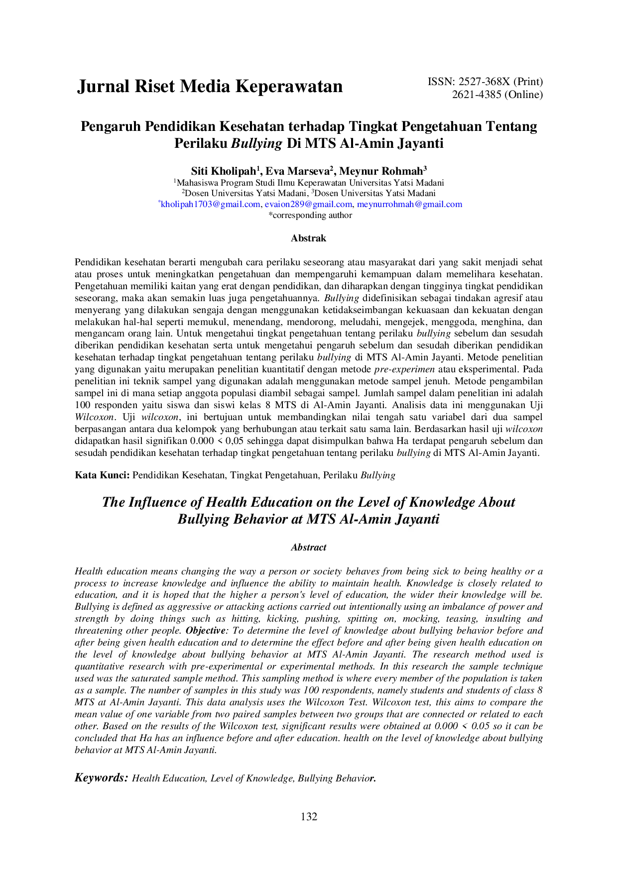 JURIS The Influence of Health Education on the Level of Knowledge About Bullying Behavior at MTS Al Amin Jayanti