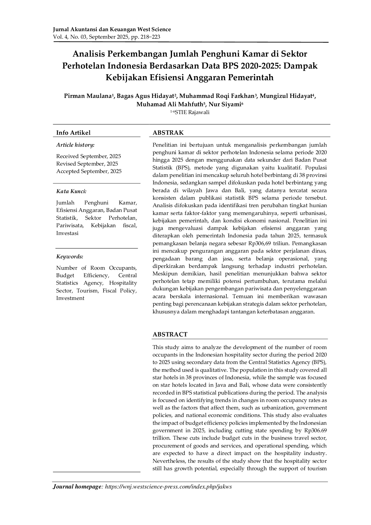 JURIS Analisis Perkembangan Jumlah Penghuni Kamar di Sektor Perhotelan Indonesia Berdasarkan Data BPS 2020 2025 Dampak Kebijakan Efisiensi Anggaran Pemerintah
