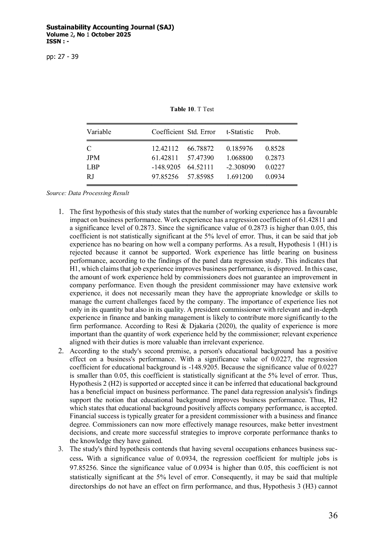 JURIS The Effect of the President Commissioner s Work Experience Educational Background and Multiple Job on the Performance of Banking Firms