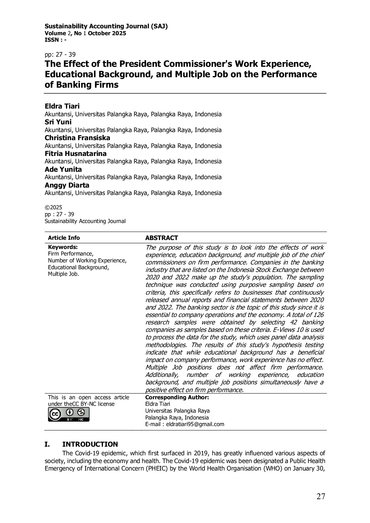 JURIS The Effect of the President Commissioner s Work Experience Educational Background and Multiple Job on the Performance of Banking Firms