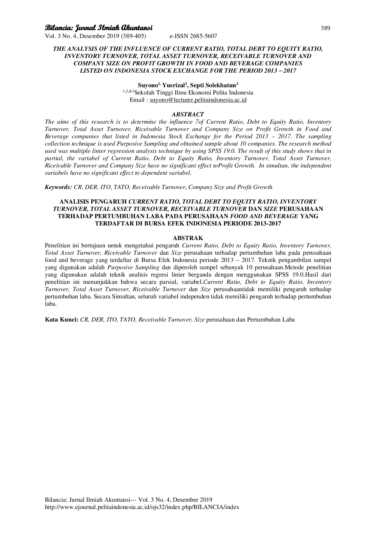 JURIS The Analysis Of The Influence Of Current Ratio Total Debt To Equity Ratio Inventory Turnover Total Asset Turnover Receivable Turnover And Company Size On Profit Growth In Food And Beverage Compani
