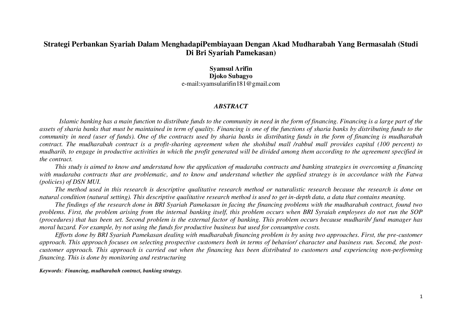 JURIS Strategi Perbankan Syariah Dalam Menghadapi Pembiayaan Dengan Akad Mudharabah Yang Bermasalah Studi di Bri Syariah Pamekasan