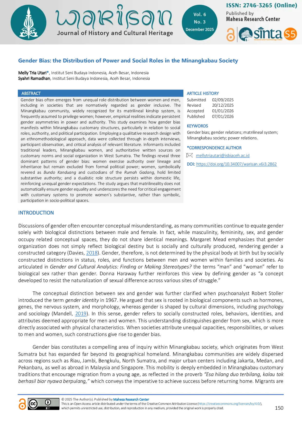 JURIS Gender Bias the Distribution of Power and Social Roles in the Minangkabau Society