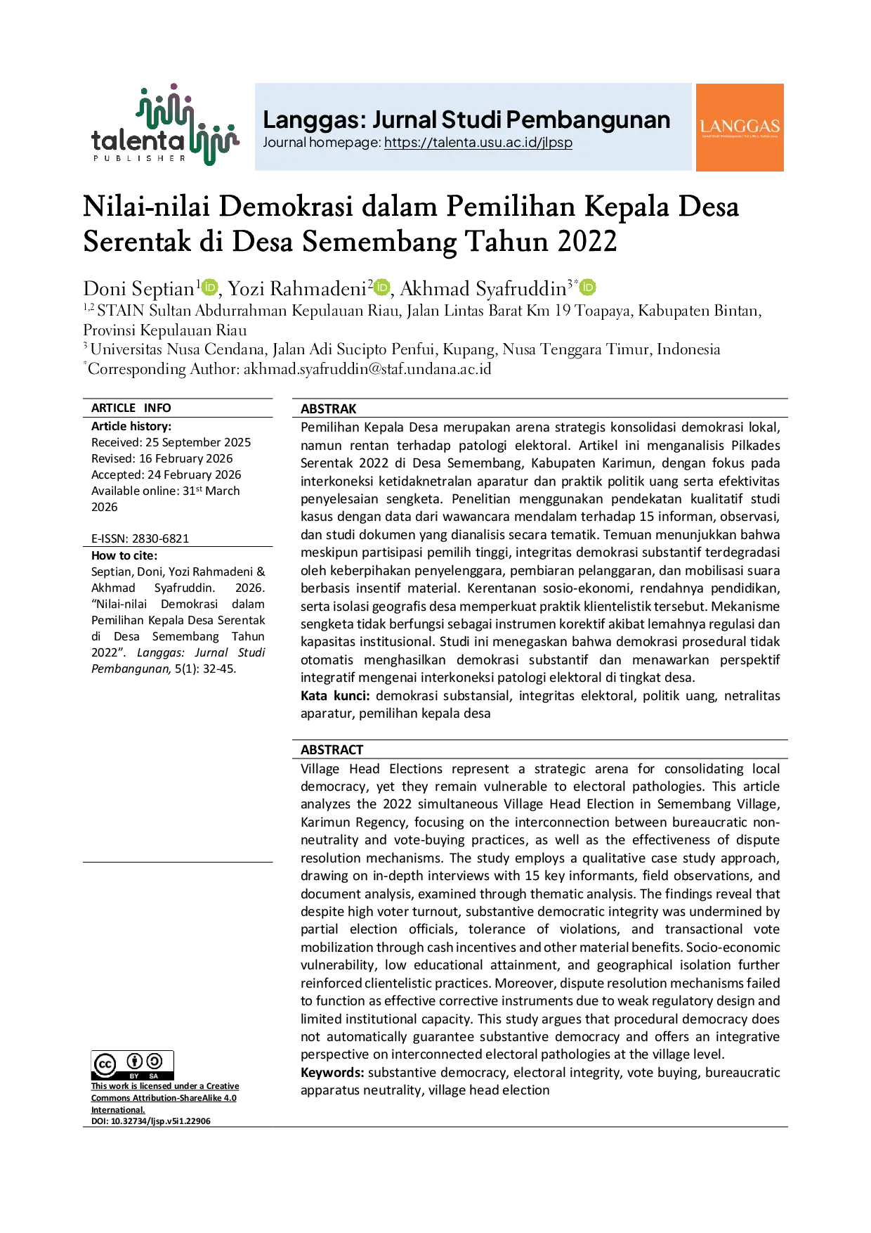 JURIS Nilai nilai Demokrasi dalam Pemilihan Kepala Desa Serentak di Desa Semembang Tahun 2022