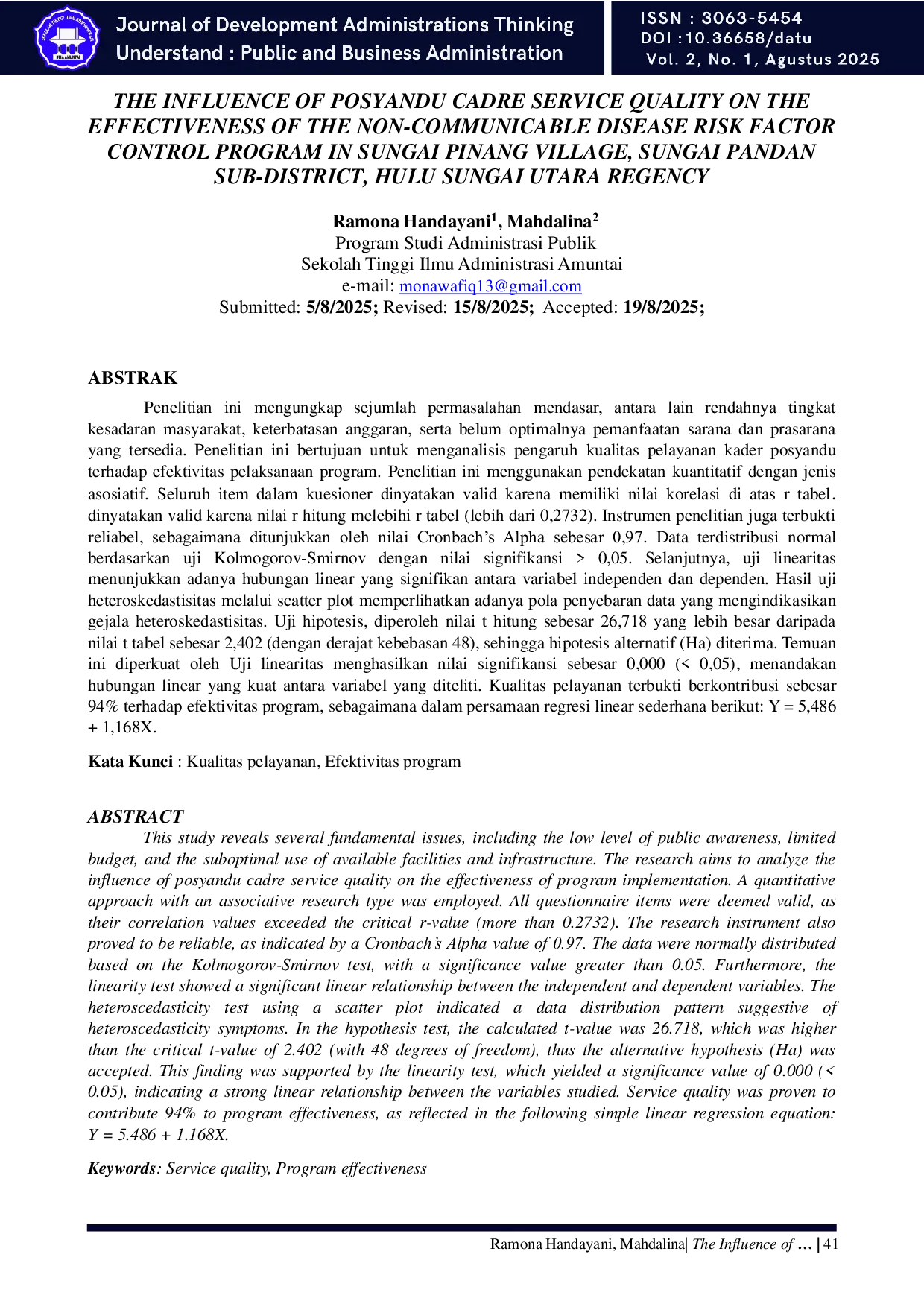 JURIS The Influence Of Posyandu Cadre Service Quality On The Effectiveness Of The Non Communicable Disease Risk Factor Control Program In Sungai Pinang Village Sungai Pandan Sub District Hulu Sungai Utara