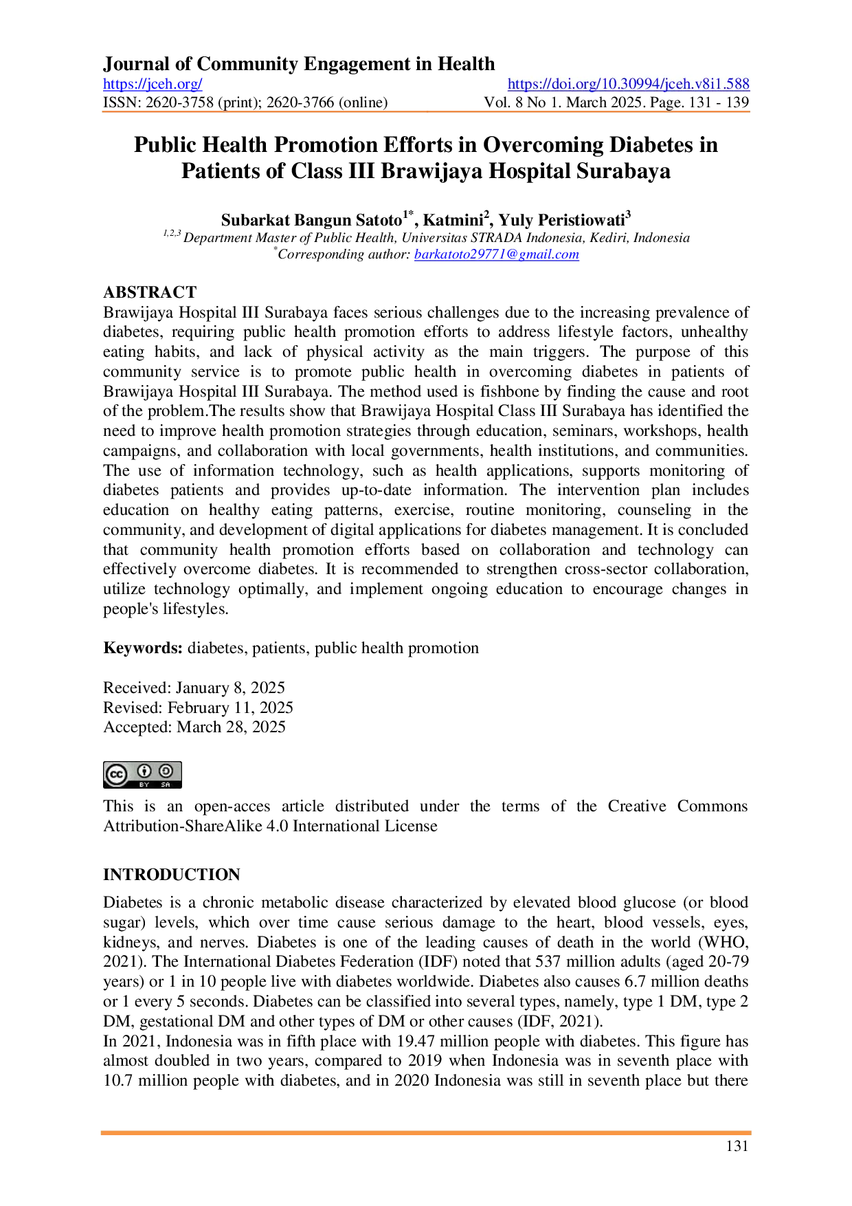 JURIS Public Health Promotion Efforts in Overcoming Diabetes in Patients of Class III Brawijaya Hospital Surabaya