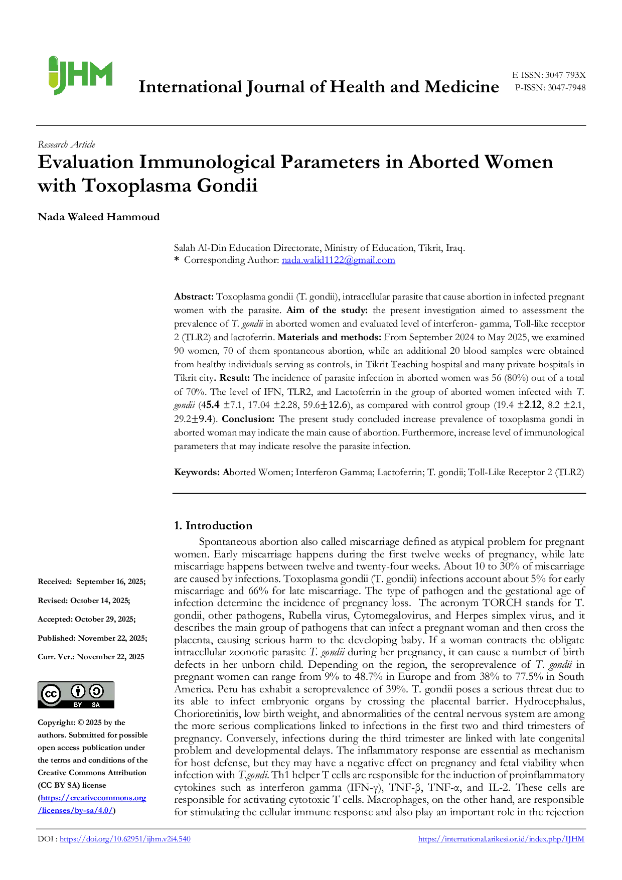JURIS Evaluation Immunological Parameters in Aborted Women with Toxoplasma Gondii