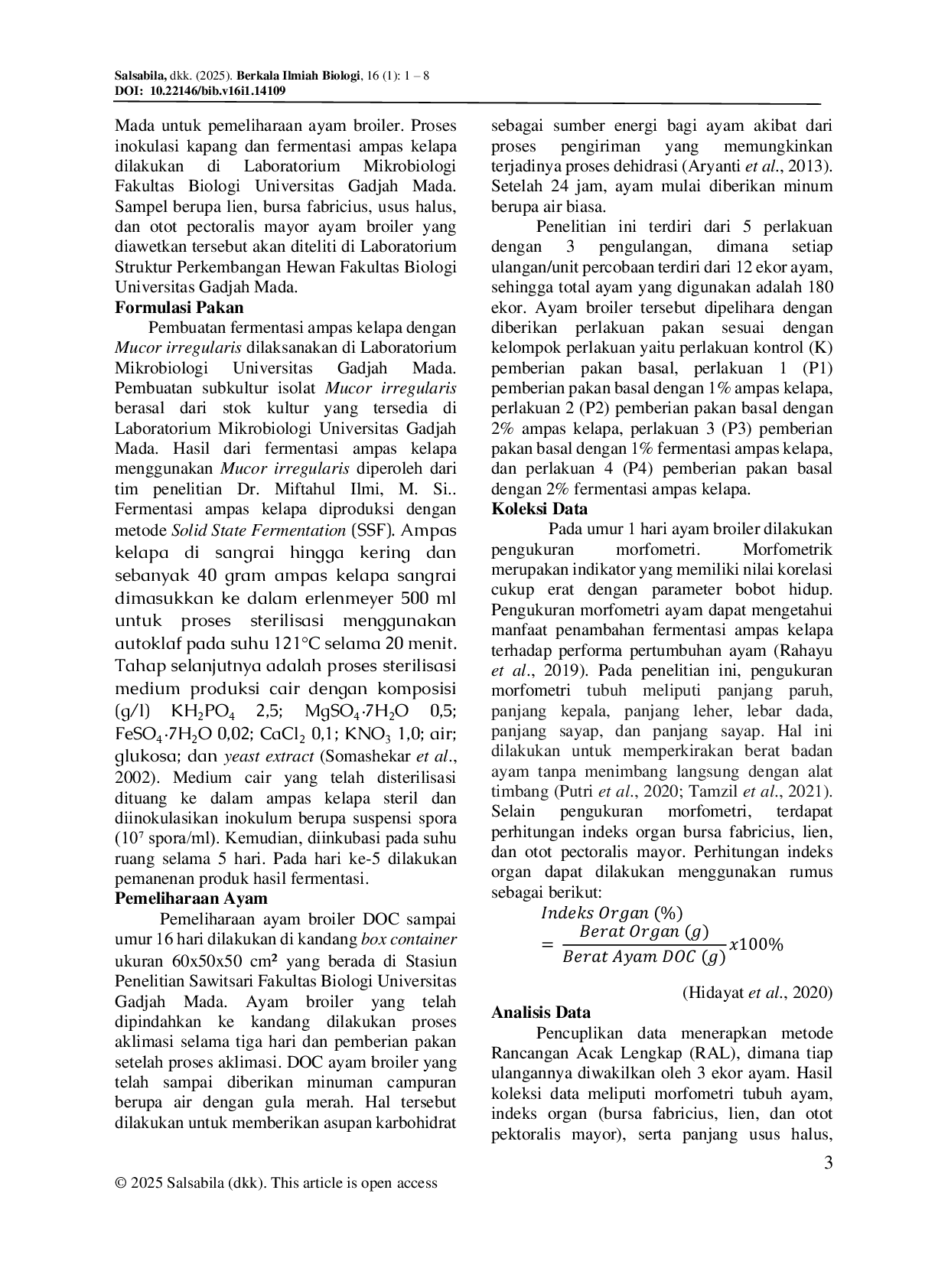 JURIS Body Morphometrics and Organ Index of Broiler Chicken Gallus gallus gallus Linnaeus 1758 After Feeding Fermented Coconut Pulp Using Mucor irregularis