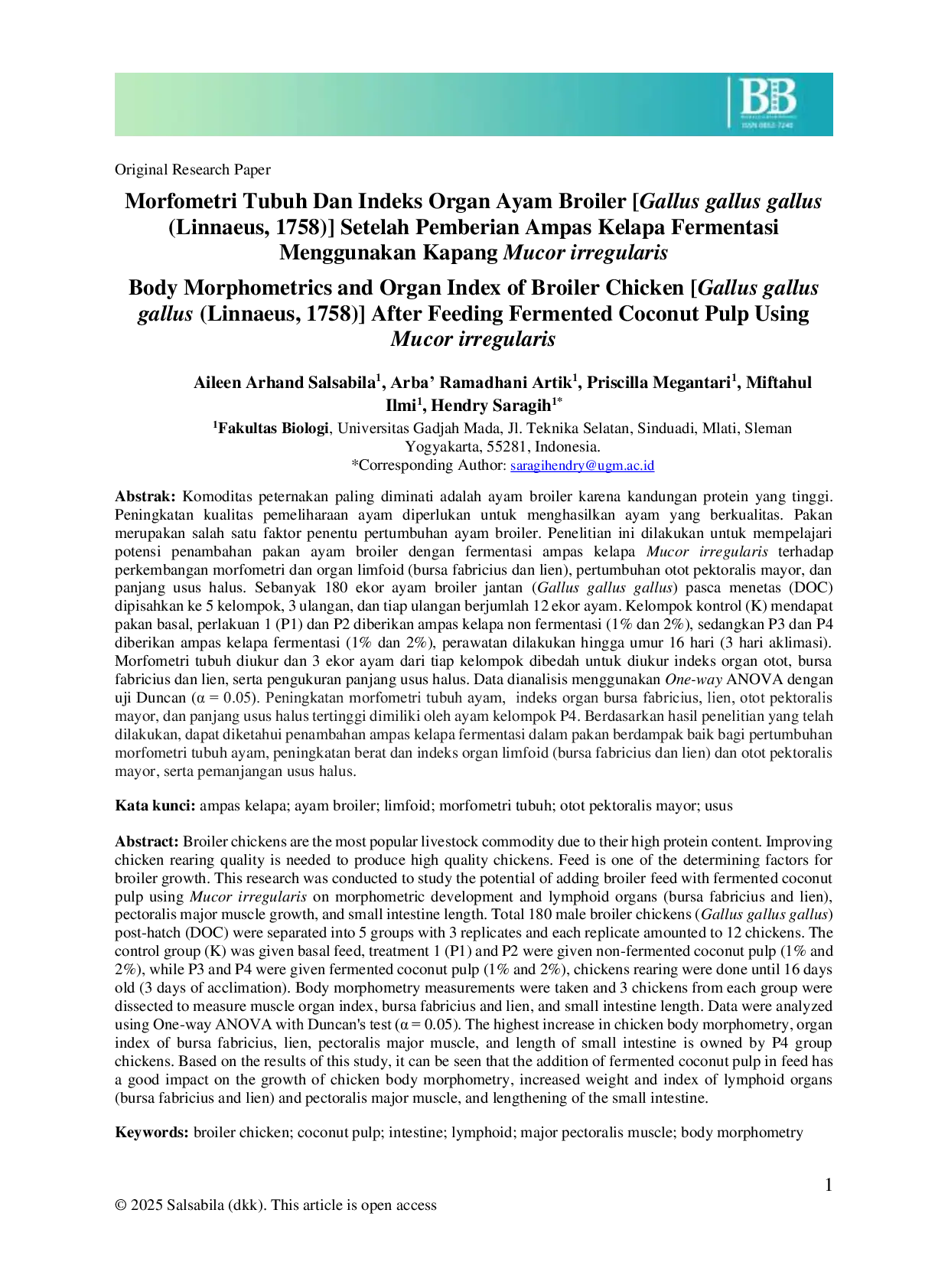 JURIS Body Morphometrics and Organ Index of Broiler Chicken Gallus gallus gallus Linnaeus 1758 After Feeding Fermented Coconut Pulp Using Mucor irregularis
