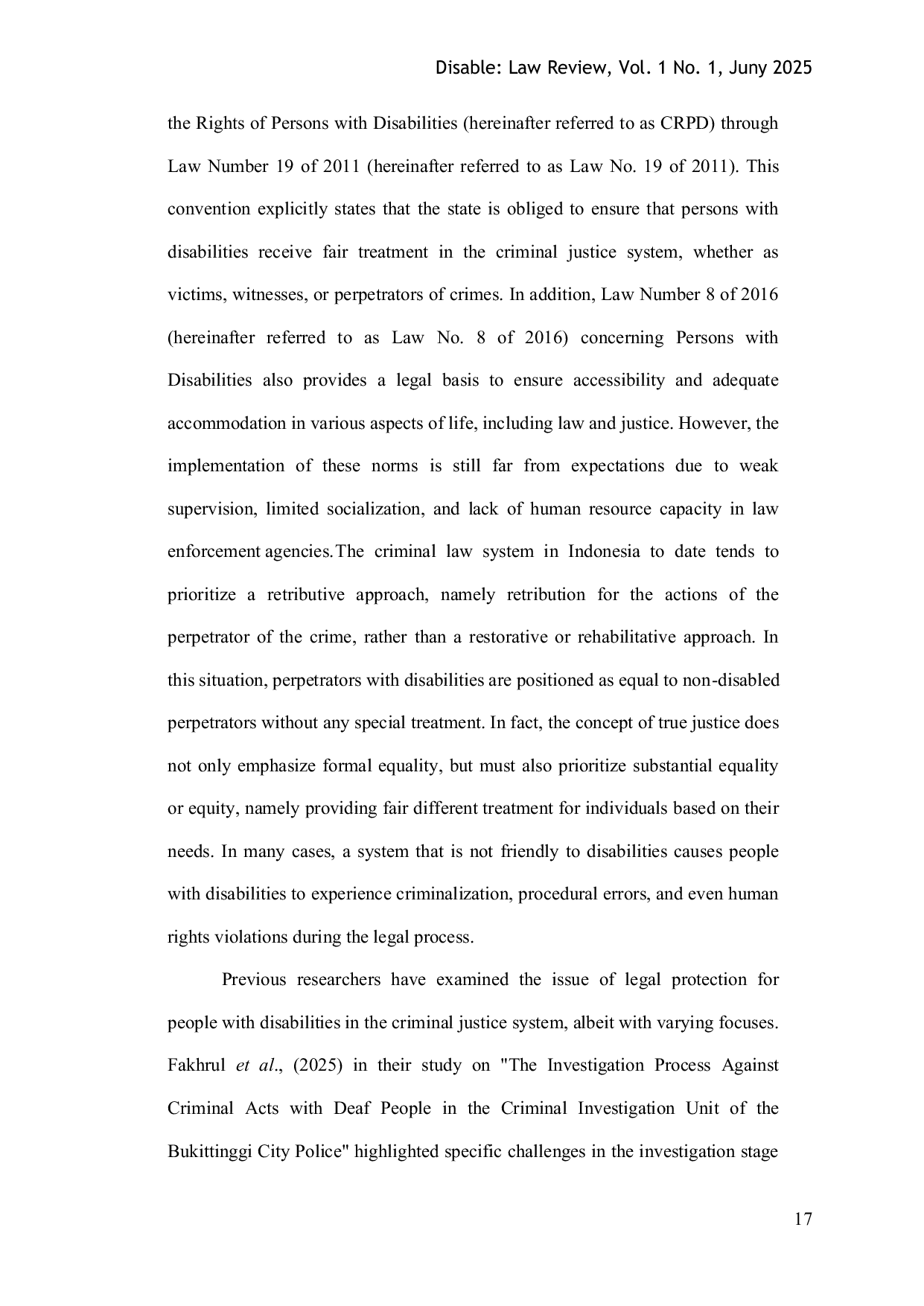 JURIS Legal Protection for Criminal Acts Against Disabled Perpetrators