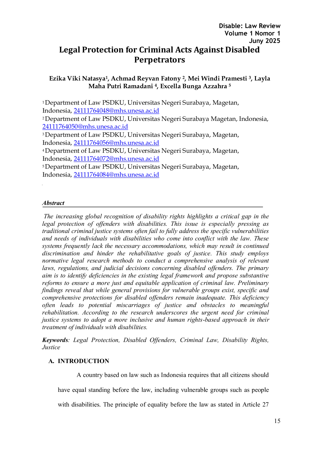 JURIS Legal Protection for Criminal Acts Against Disabled Perpetrators
