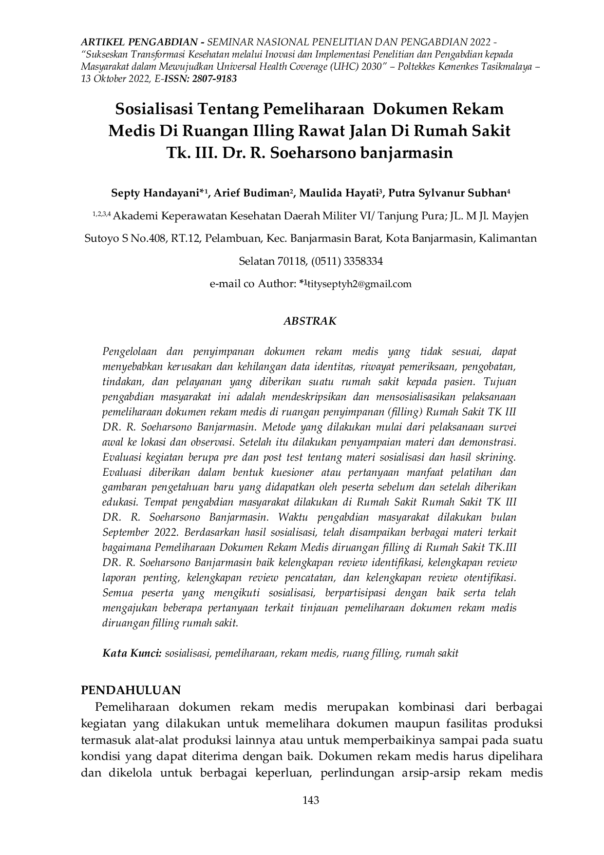 JURIS Sosialisasi Tentang Pemeliharaan Dokumen Rekam Medis Di Ruangan Filling Rawat Jalan Di Rumah Sakit Tk Iii Dr R Soeharsono Banjarmasin