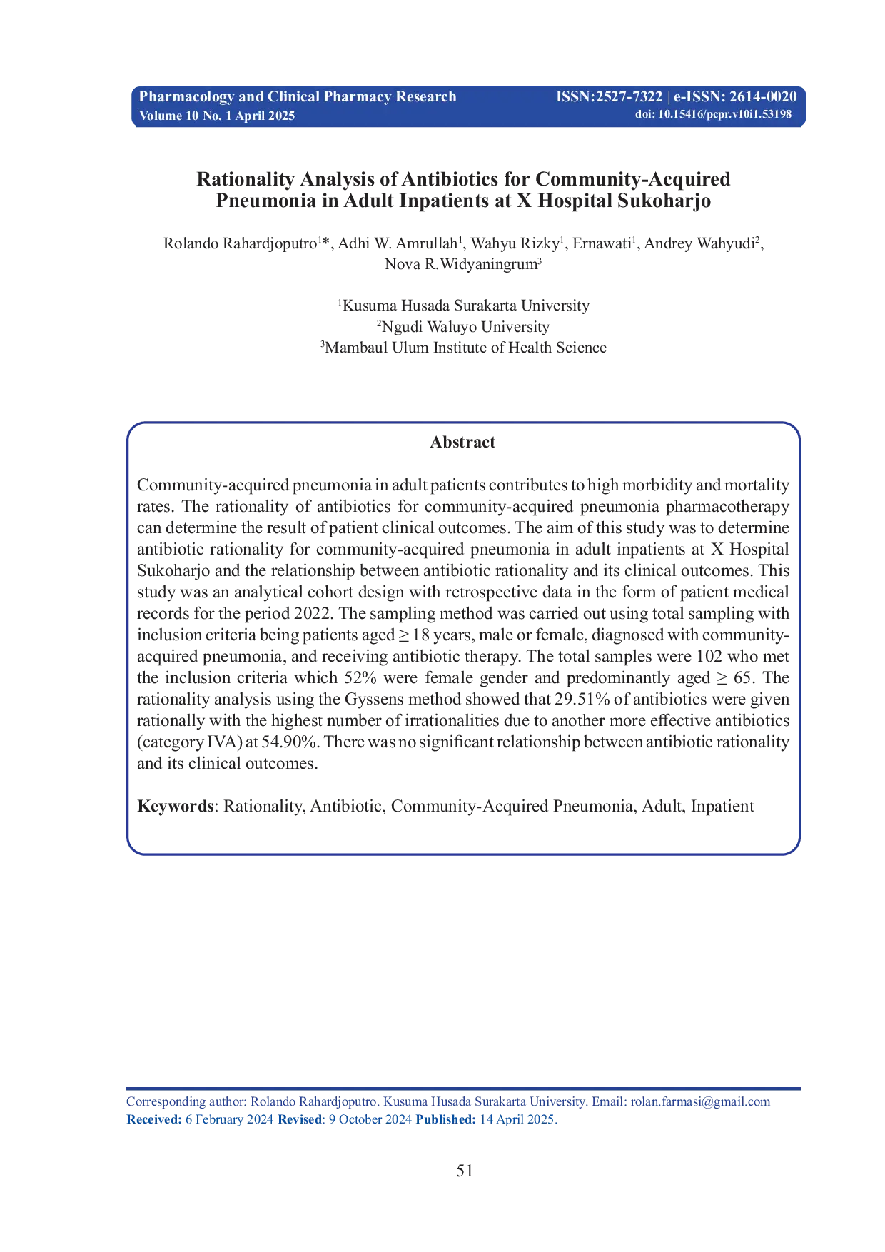 JURIS Rationality Analysis of Antibiotics for Community Acquired Pneumonia in Adult Inpatients at X Hospital Sukoharjo