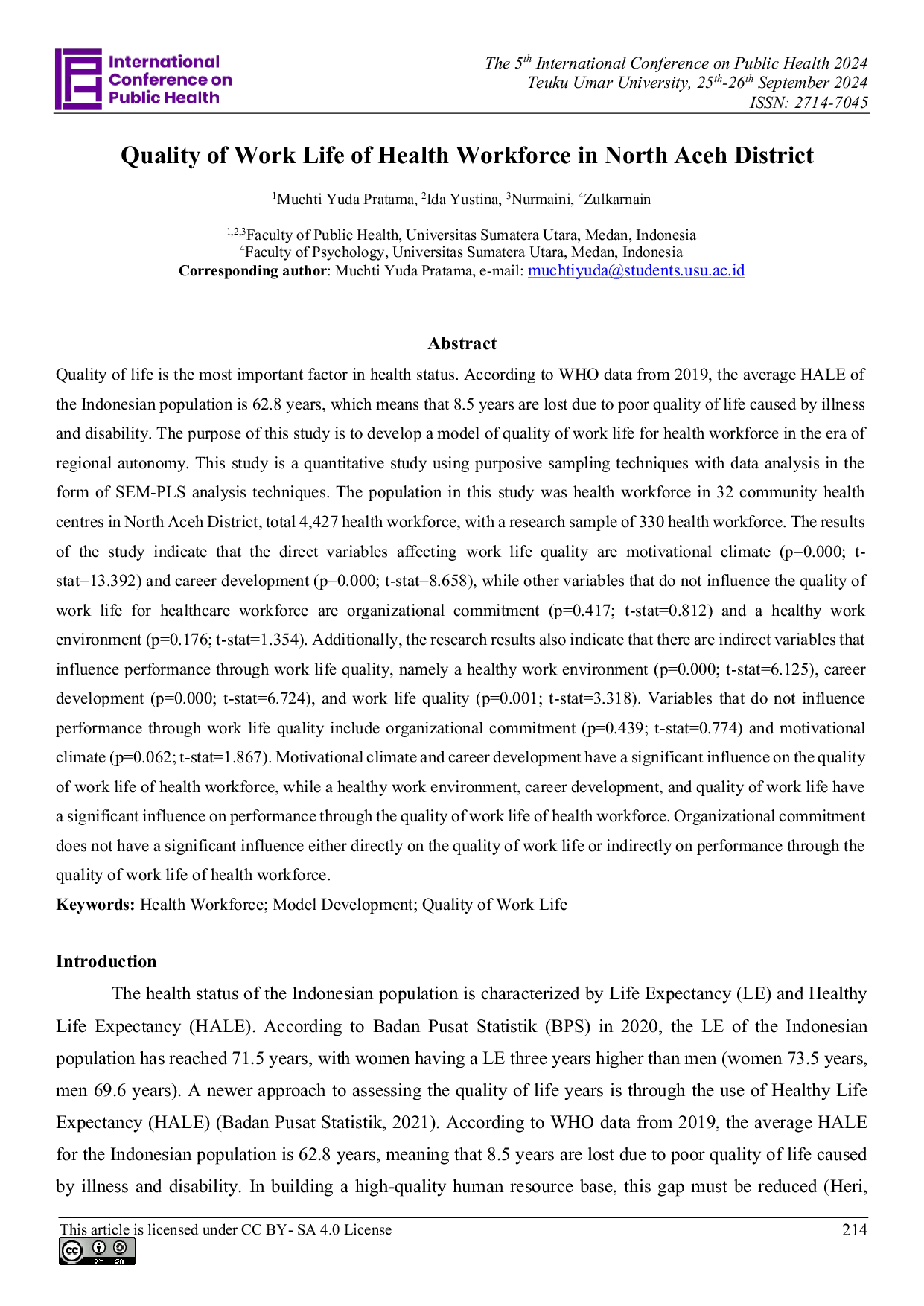 JURIS Quality of Work Life of Health Workforce in North Aceh District