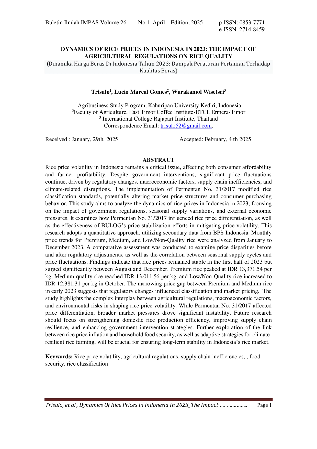 JURIS Dynamics of Rice Prices in Indonesia The Impact of Agricultural Regulations on Rice Quality
