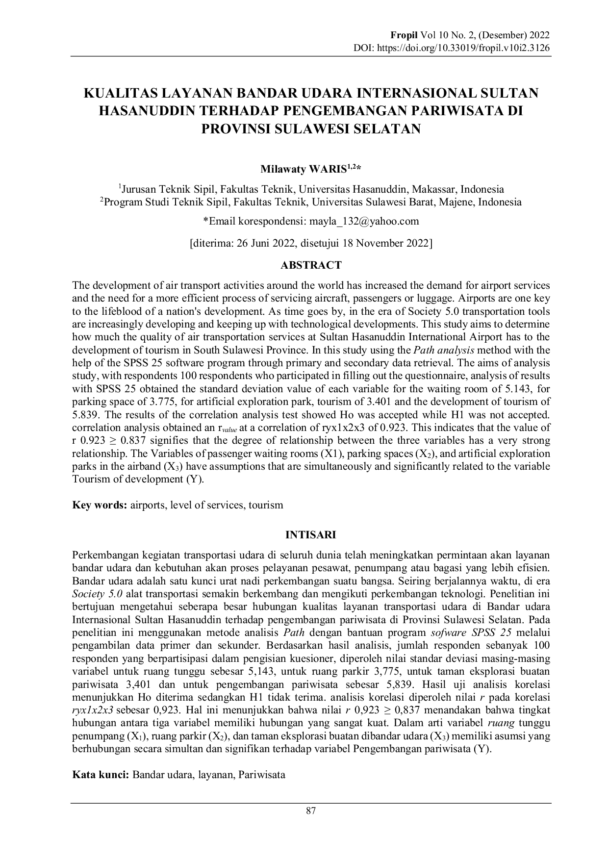JURIS KUALITAS LAYANAN BANDAR UDARA INTERNASIONAL SULTAN HASANUDDIN TERHADAP PENGEMBANGAN PARIWISATA DI PROVINSI SULAWESI SELATAN Kualitas Layanan Bandar Udara