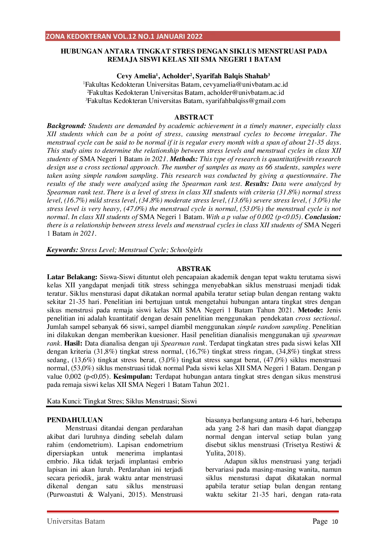 JURIS Hubungan Antara Tingkat Stres Dengan Siklus Menstruasi Pada Remaja Siswi Kelas XII SMA Negeri 1 Batam