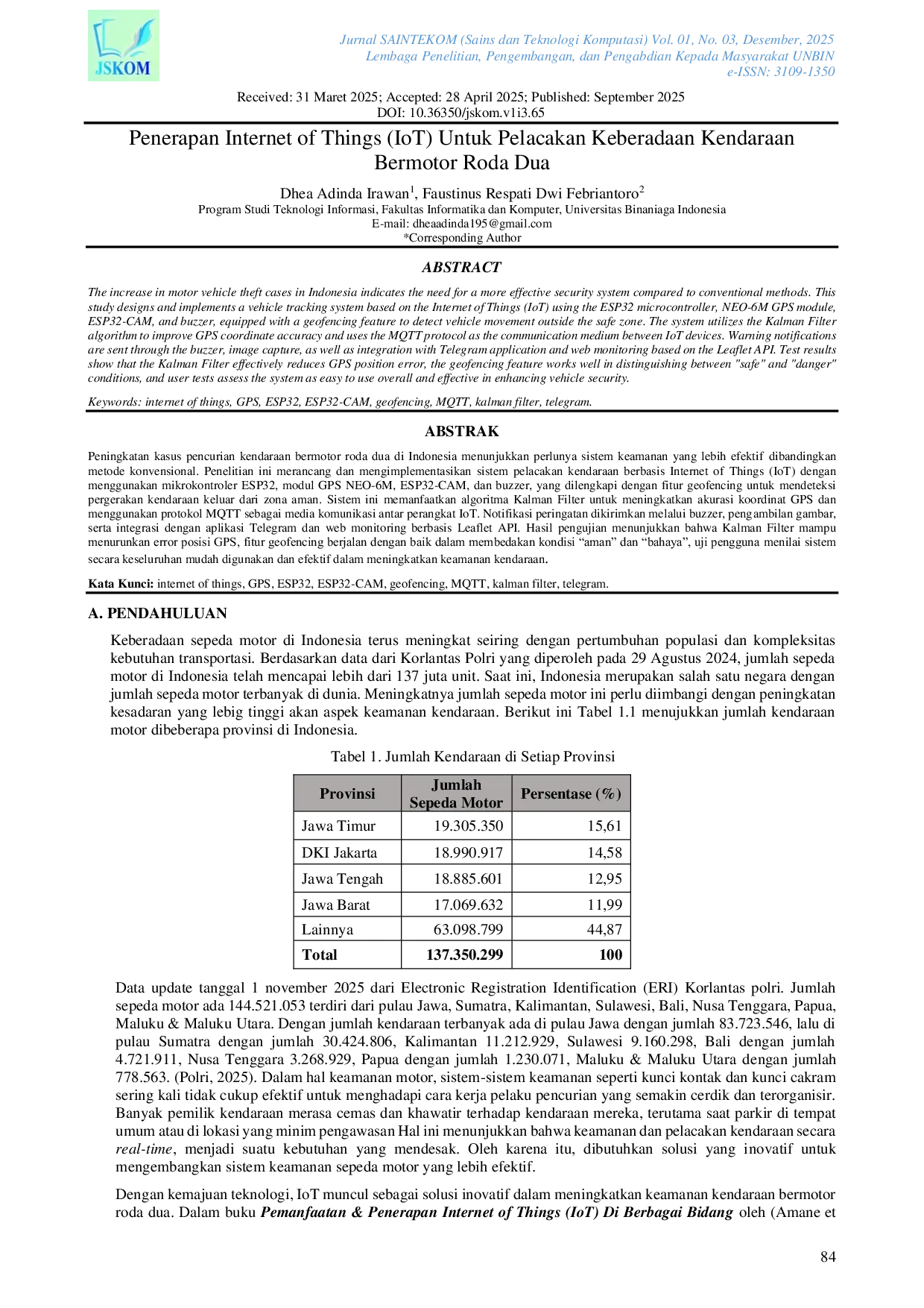 JURIS Penerapan Internet of Things IoT Untuk Pelacakan Keberadaan Kendaraan Bermotor Roda Dua