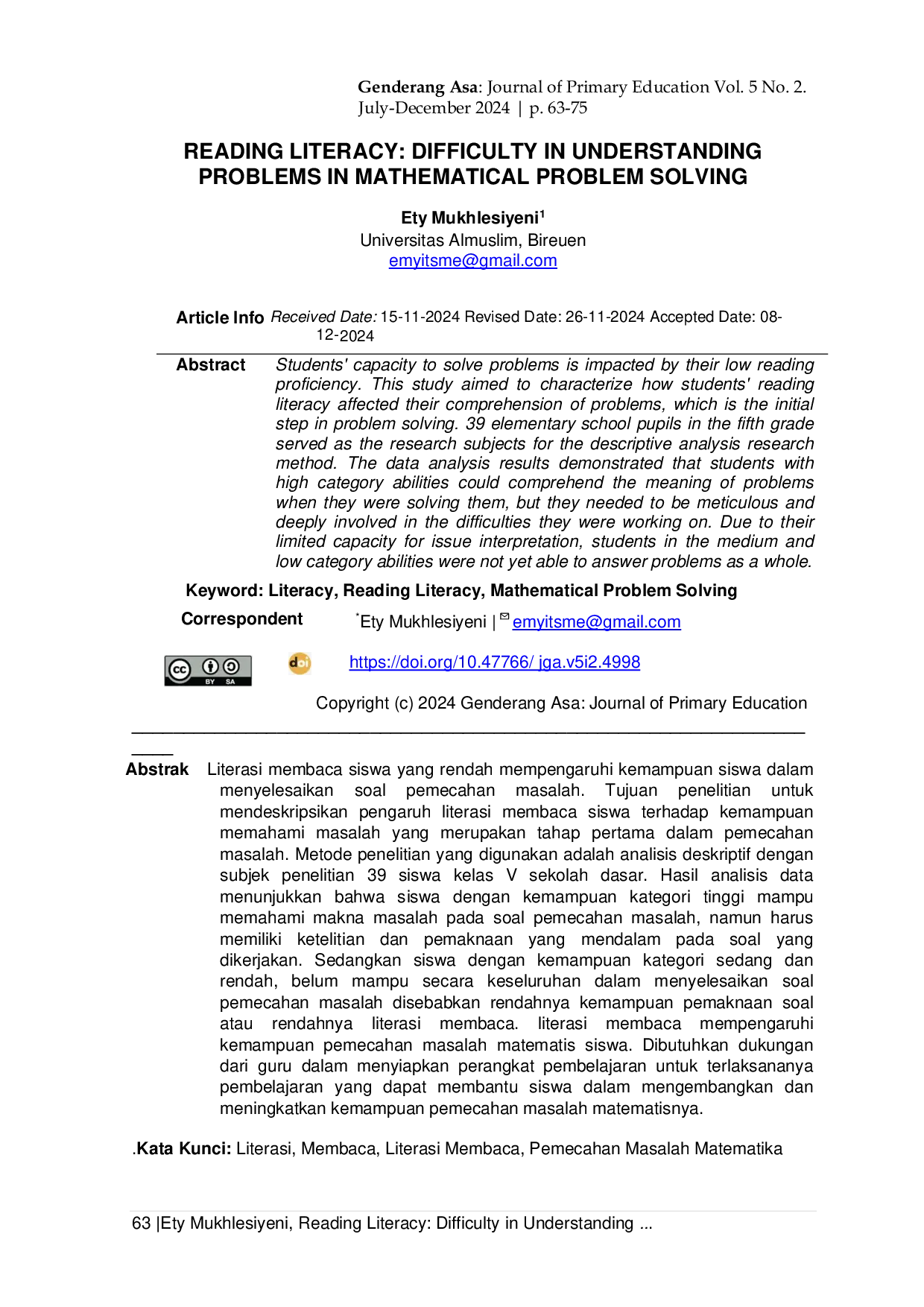 JURIS Reading Literacy Difficulty In Understanding Problems In Mathematical Problem Solving