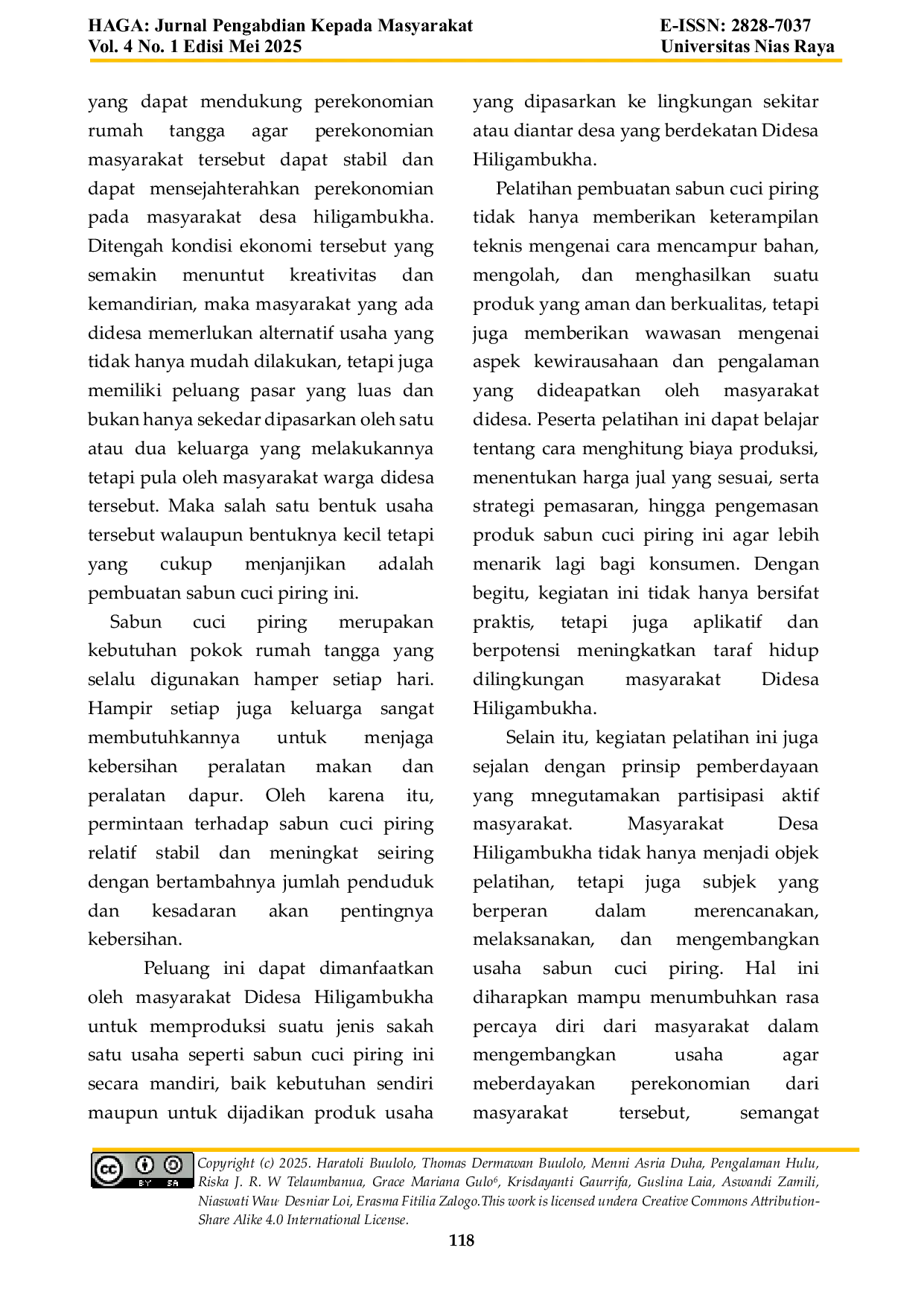 JURIS Pemberdayaan Masyarakat Dengan Pelatihan Pembuatan Sabun Cuci Piring Di Desa Hiligambukha Kecamatan Lahusa