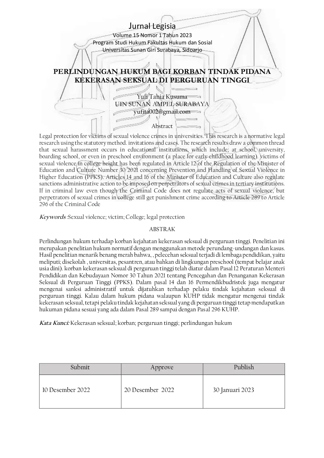 JURIS Perlindungan Hukum Bagi Korban Tindak Pidana Kekerasan Seksual Di Perguruan Tinggi