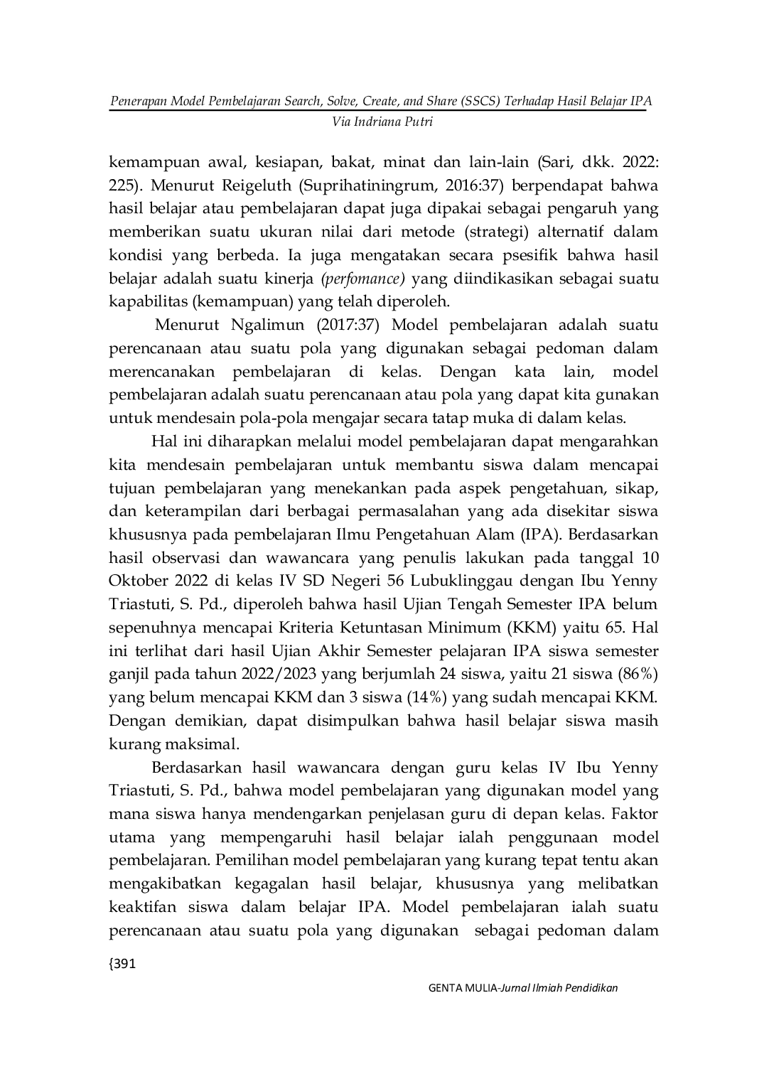 JURIS Penerapan Model Pembelajaran Search Solve Create and Share SSCS Terhadap Hasil Belajar IPA Siswa Kelas IV SD Negeri 56 Lubuklinggau