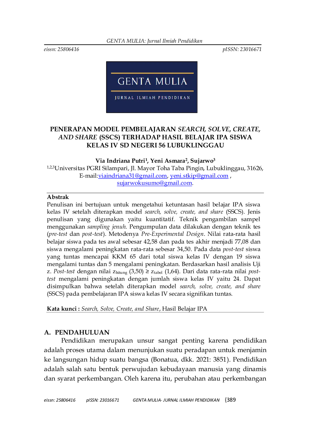 JURIS Penerapan Model Pembelajaran Search Solve Create and Share SSCS Terhadap Hasil Belajar IPA Siswa Kelas IV SD Negeri 56 Lubuklinggau