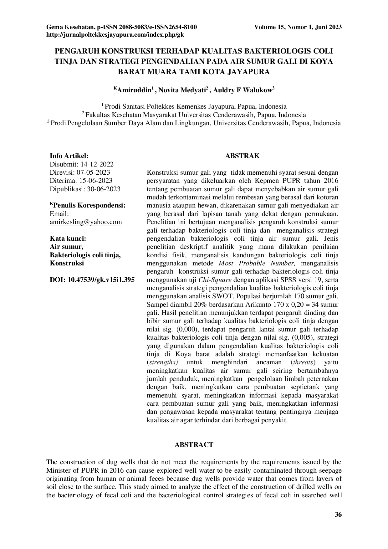 juris Pengaruh Konstruksi Terhadap Kualitas Bakteriologis Coli Tinja Dan Strategi Pengendalian Pada Air Sumur Gali Di Koya Barat Muara Tami Kota Jayapura