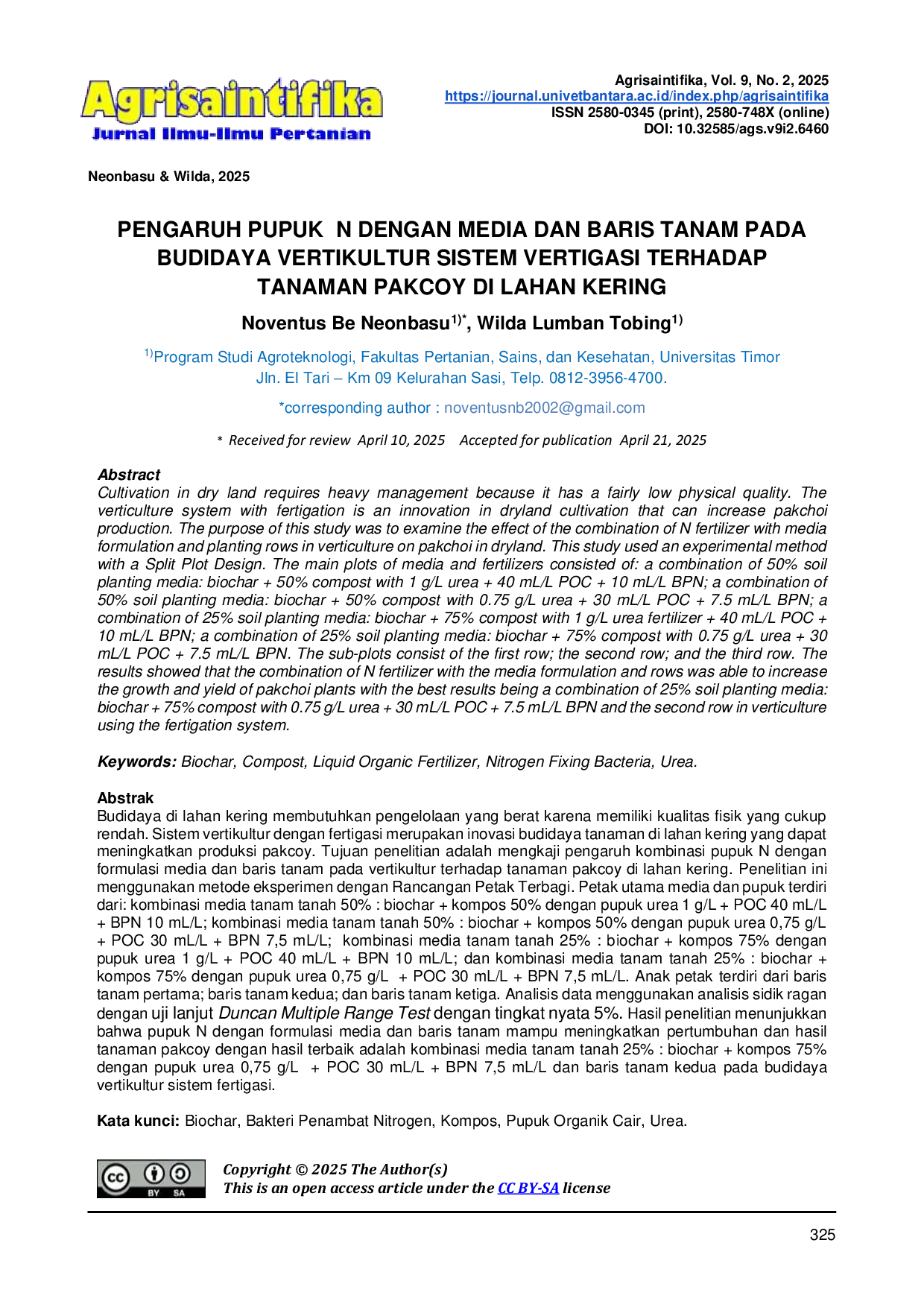 JURIS Pengaruh Pupuk N dengan Media dan Baris Tanam pada Budidaya Vertikultur Sistem Vertigasi Terhadap Tanaman Pakcoy di Lahan Kering