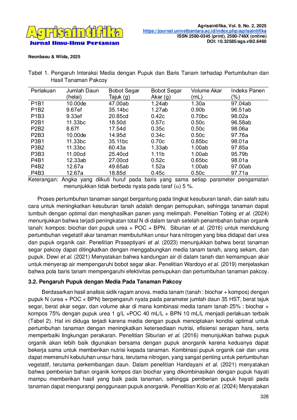 JURIS Pengaruh Pupuk N dengan Media dan Baris Tanam pada Budidaya Vertikultur Sistem Vertigasi Terhadap Tanaman Pakcoy di Lahan Kering