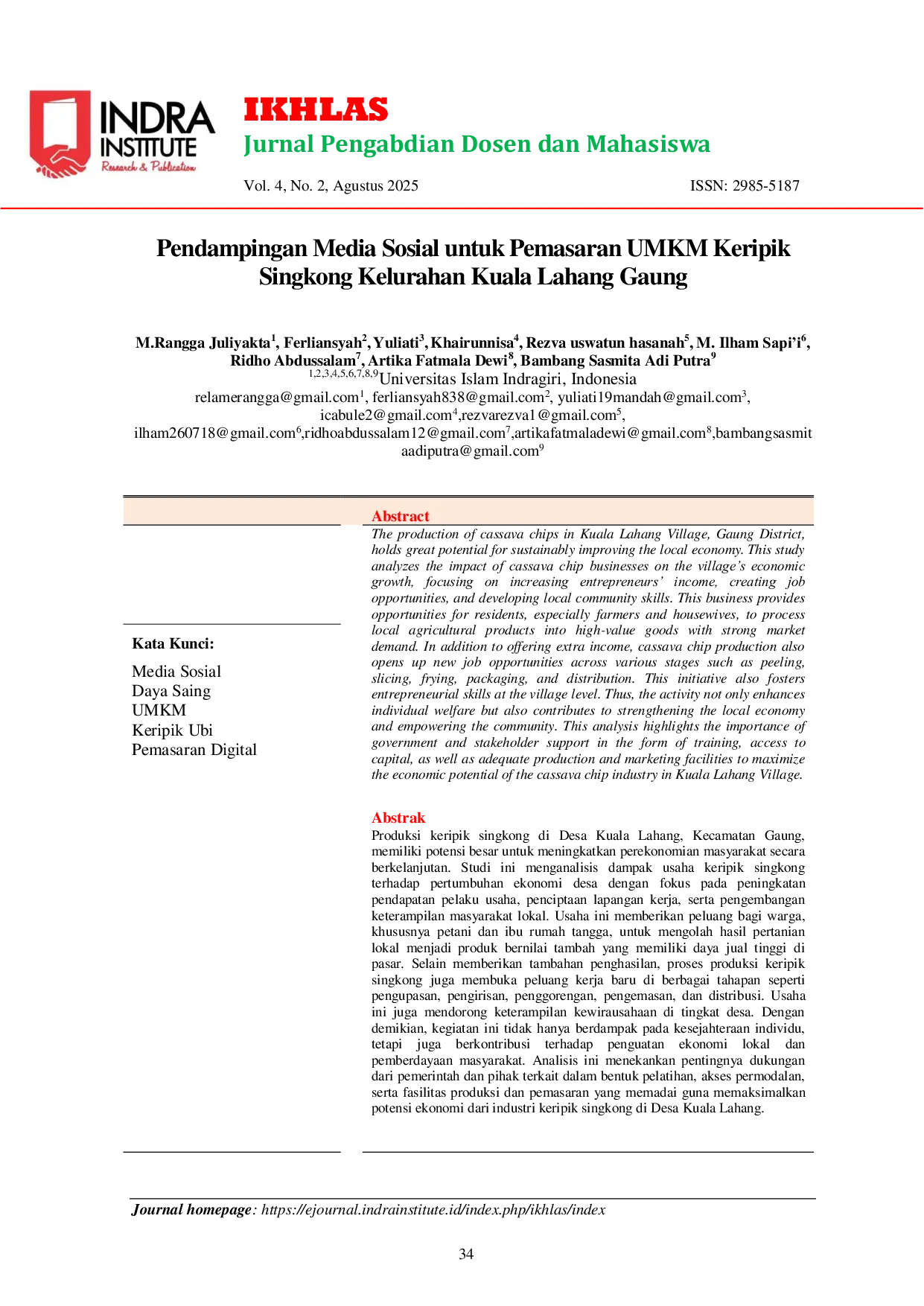 JURIS Pendampingan Media Sosial untuk Pemasaran UMKM Keripik Singkong Kelurahan Kuala Lahang Gaung