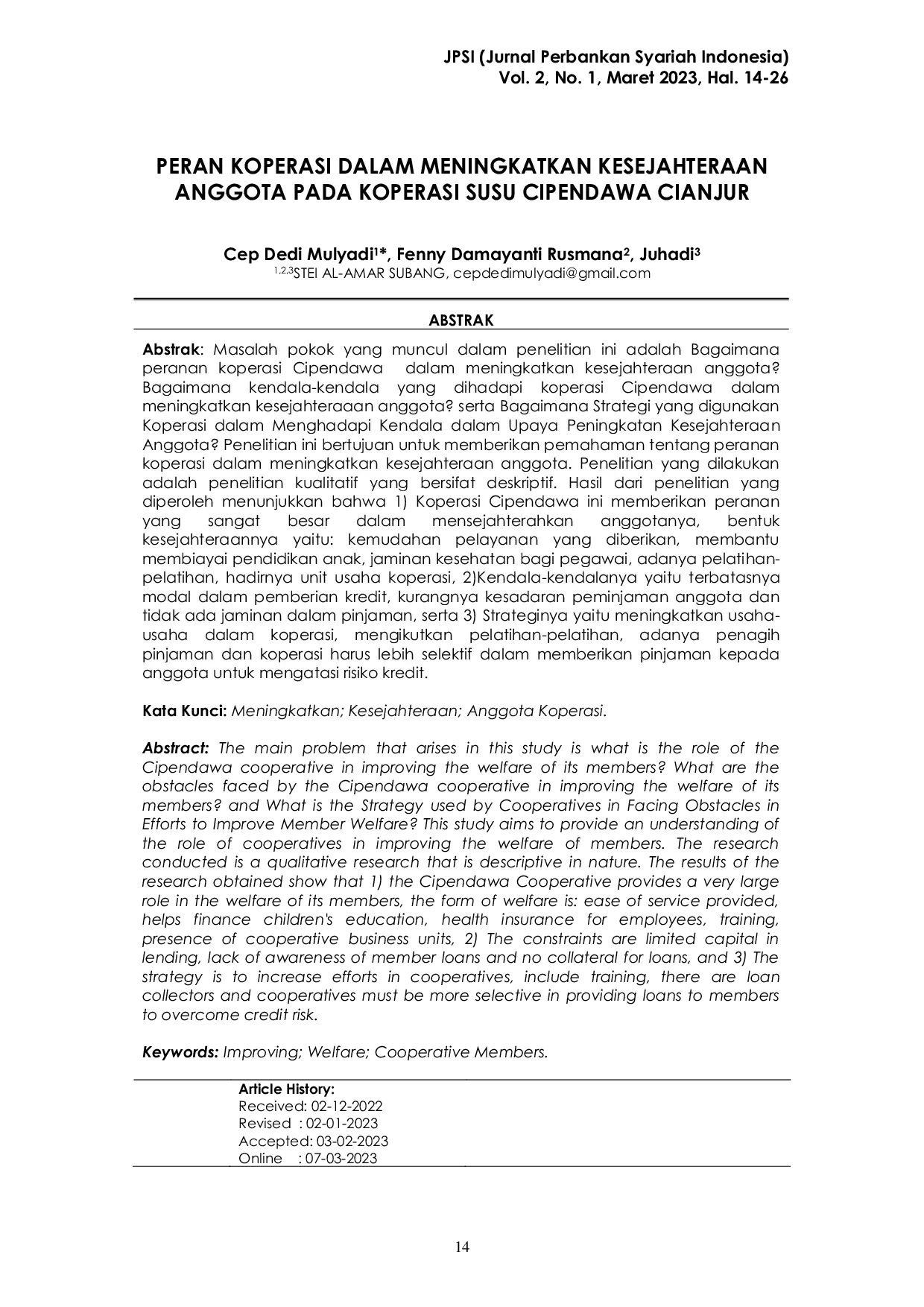 JURIS Peran Koperasi dalam Meningkatkan Kesejahteraan Anggota pada Koperasi Susu Cipendawa Cianjur