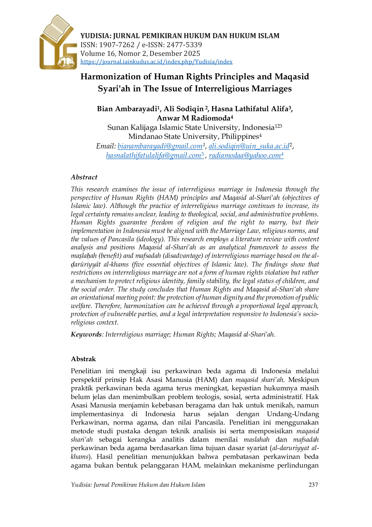 JURIS Harmonization of Human Rights Principles and Maqasid Syari ah in The Issue of Interreligious Marriages