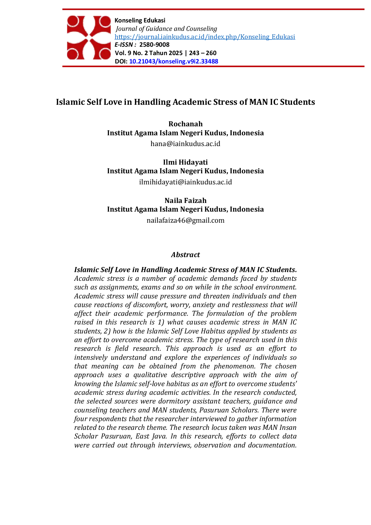 JURIS Islamic Self Love in Handling Academic Stress of MAN IC Students