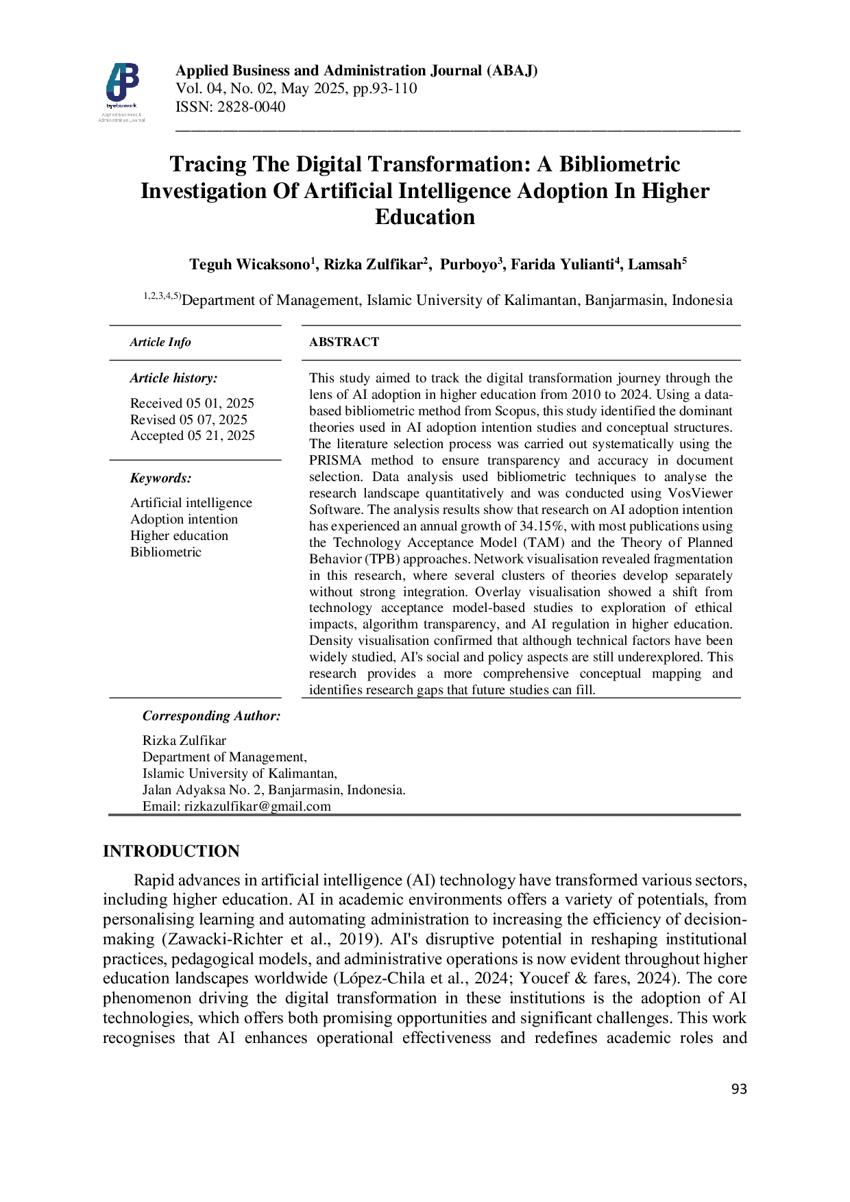 JURIS Tracing The Digital Transformation A Bibliometric Investigation Of Artificial Intelligence Adoption In Higher Education