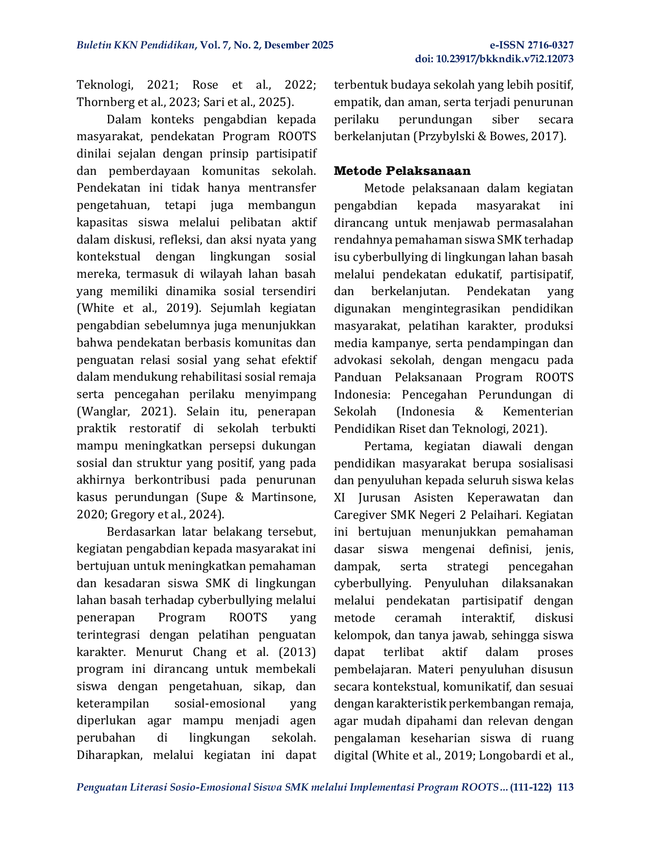 JURIS Penguatan Literasi Sosio Emosional Siswa SMK melalui Implementasi Program Roots untuk Mencegah Cyberbullying