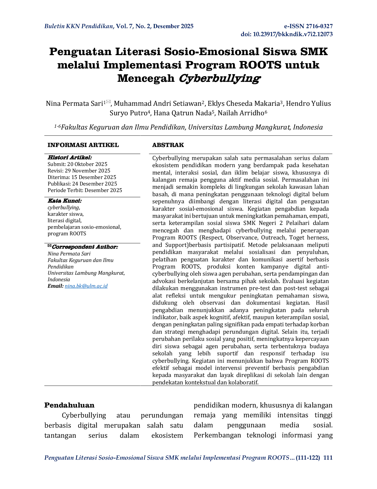 JURIS Penguatan Literasi Sosio Emosional Siswa SMK melalui Implementasi Program Roots untuk Mencegah Cyberbullying