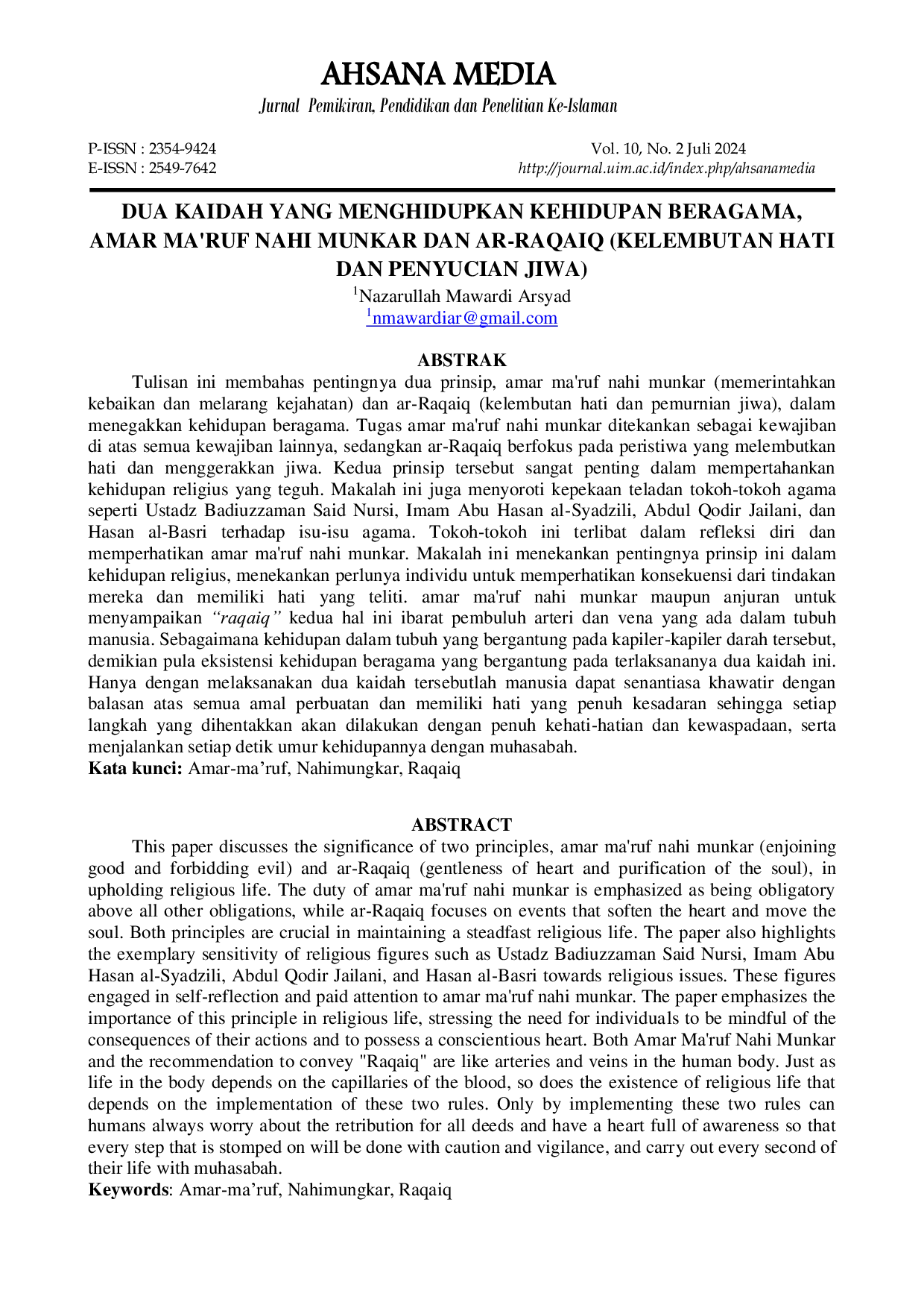 JURIS Dua Kaidah yang Menghidupkan Kehidupan Beragama Amar Ma ruf Nahi Munkar dan Ar Raqaiq Kelembutan Hati dan Penyucian Jiwa
