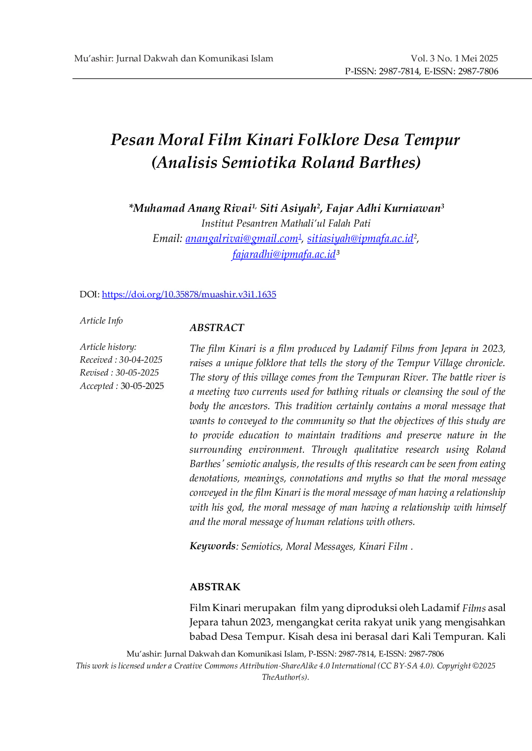 JURIS Pesan Moral Film Kinari Folklore Desa Tempur Analisis Semiotika Roland Barthes