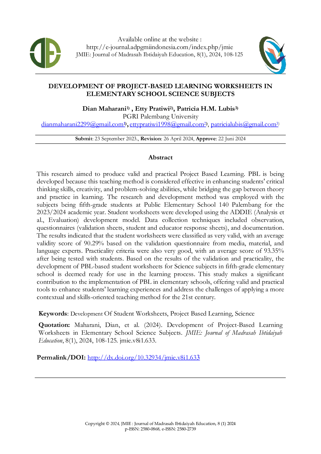 JURIS Development Of Project Based Learning Worksheets In Elementary School Science Subjects