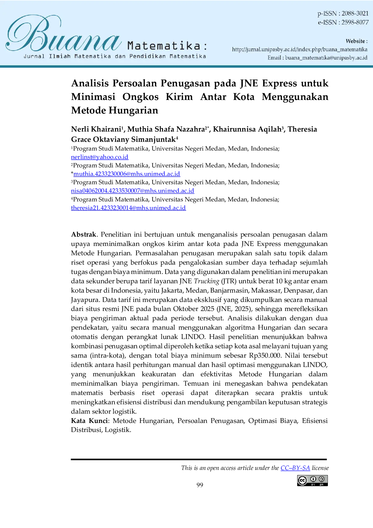 JURIS Analisis Persoalan Penugasan Pada Jne Express Untuk Minimasi Ongkos Kirim Antar Kota Menggunakan Metode Hungarian