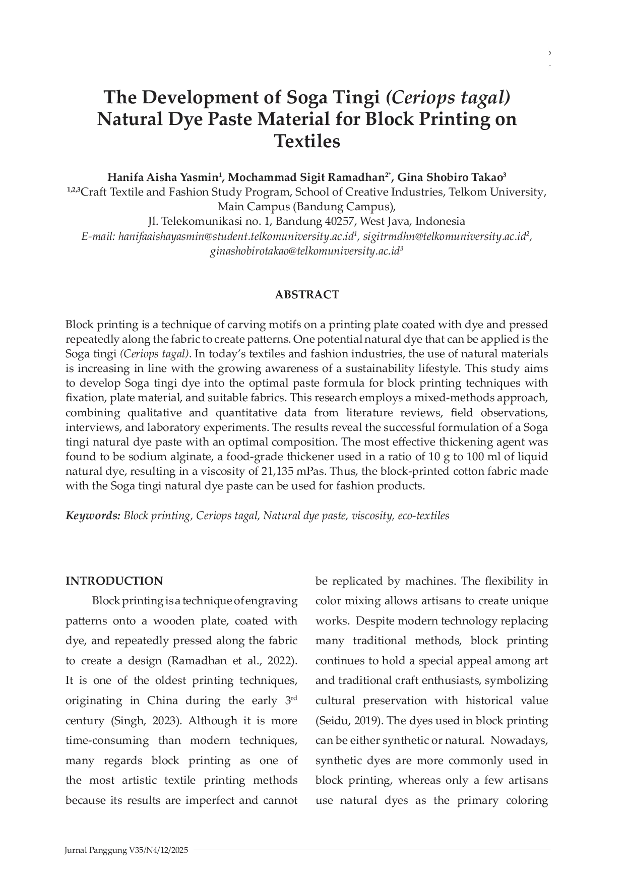 JURIS The Development of Soga Tingi Ceriops tagal Natural Dye Paste Material for Block Printing on Textiles