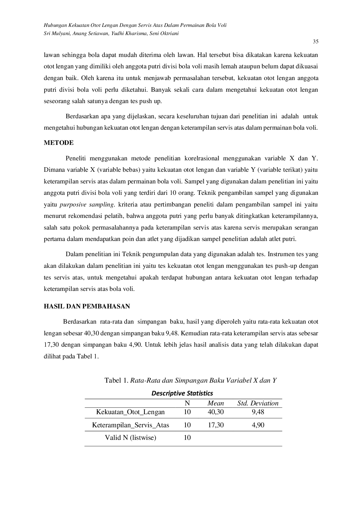 JURIS Hubungan Kekuatan Otot Lengan Dengan Servis Atas Dalam Permainan Bola Voli