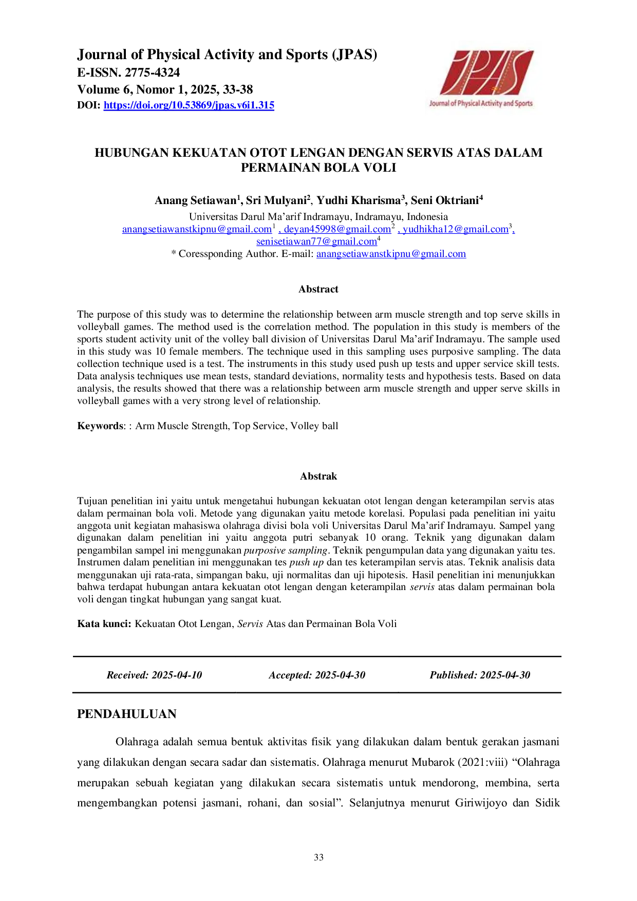 JURIS Hubungan Kekuatan Otot Lengan Dengan Servis Atas Dalam Permainan Bola Voli