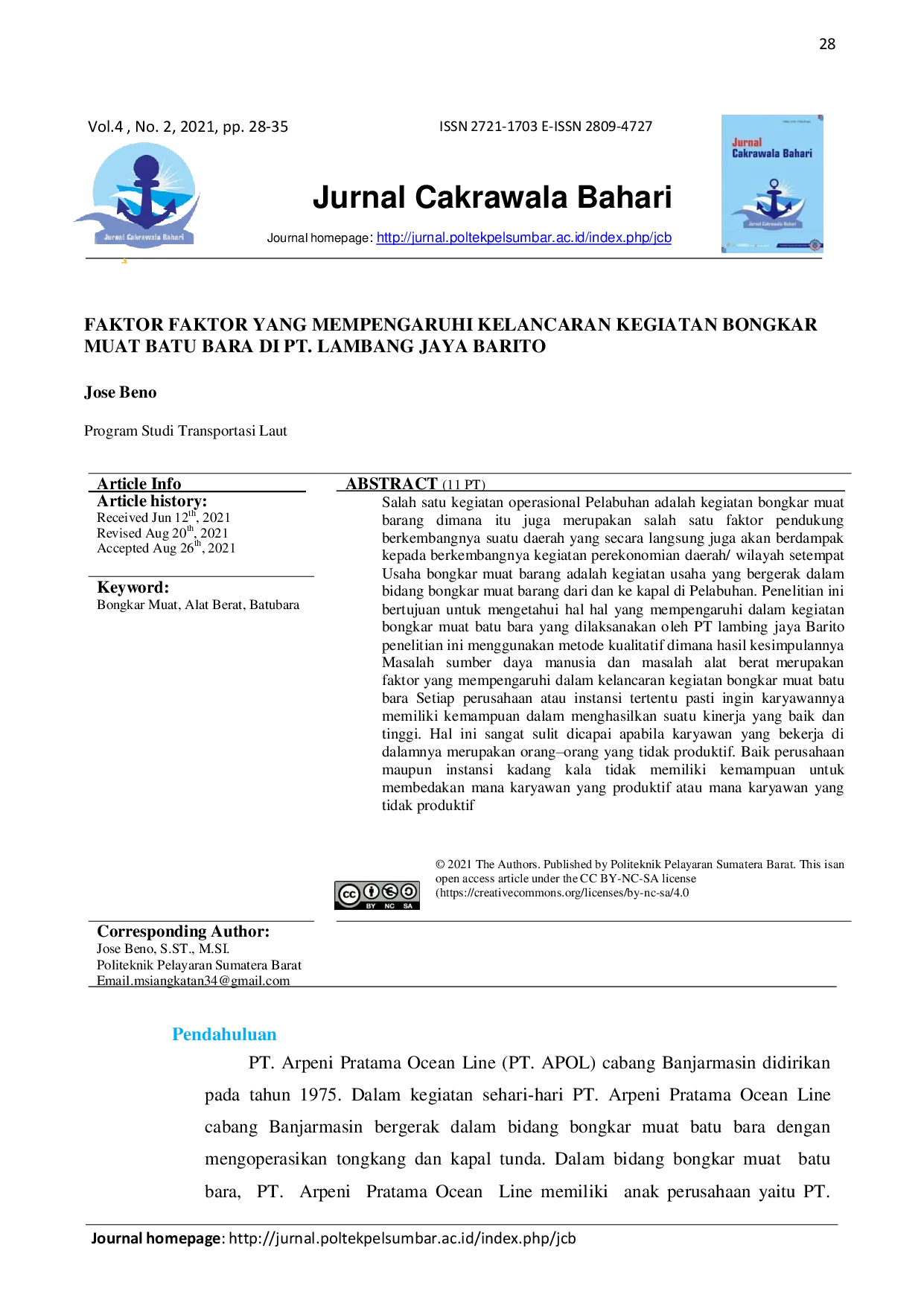 JURIS Faktor Faktor Yang Mempengaruhi Kelancaran Kegiatan Bongkar Muat Batu Bara Di PT Lambang Jaya Barito