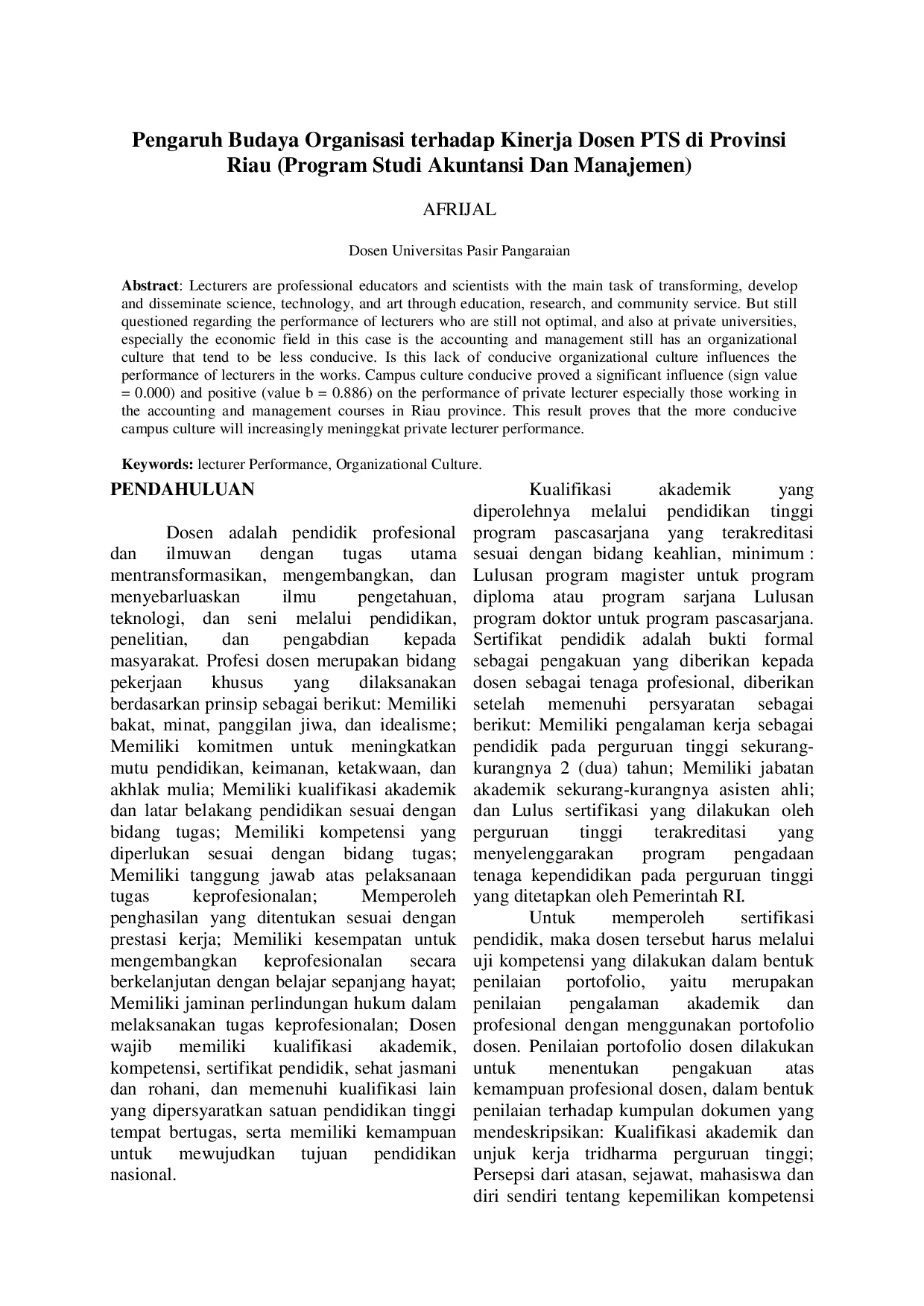 juris Pengaruh Budaya Organisasi terhadap Kinerja Dosen PTS di Provinsi Riau Program Studi Akuntansi Dan Manajemen