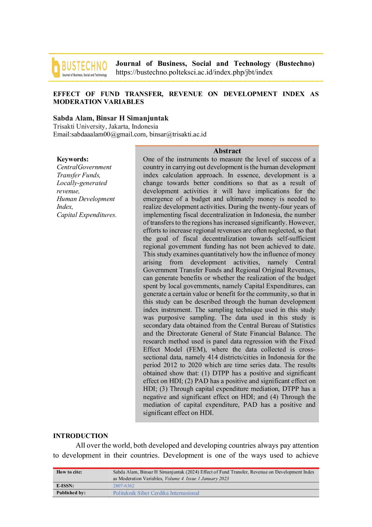JURIS Effect of Fund Transfer Revenue on Development Index as Moderation Variables