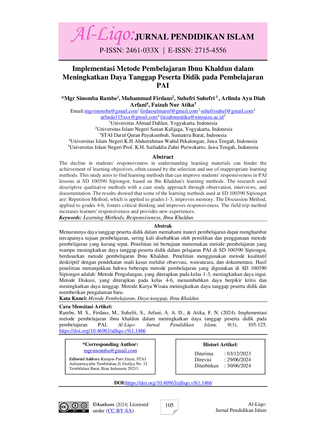 JURIS Implementasi Metode Pembelajaran Ibnu Khaldun dalam Meningkatkan Daya Tanggap Peserta Didik pada Pembelajaran PAI