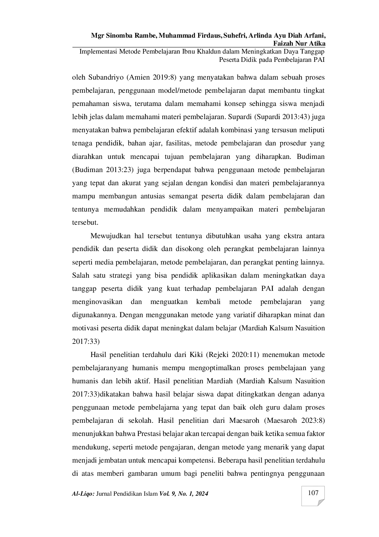 JURIS Implementasi Metode Pembelajaran Ibnu Khaldun dalam Meningkatkan Daya Tanggap Peserta Didik pada Pembelajaran PAI